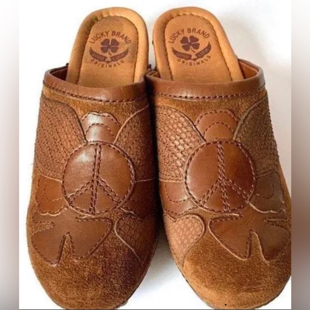 Lucky Brand Women's Brown Leather Peace Suede Slip On Clogs Sz 7.5M EUC